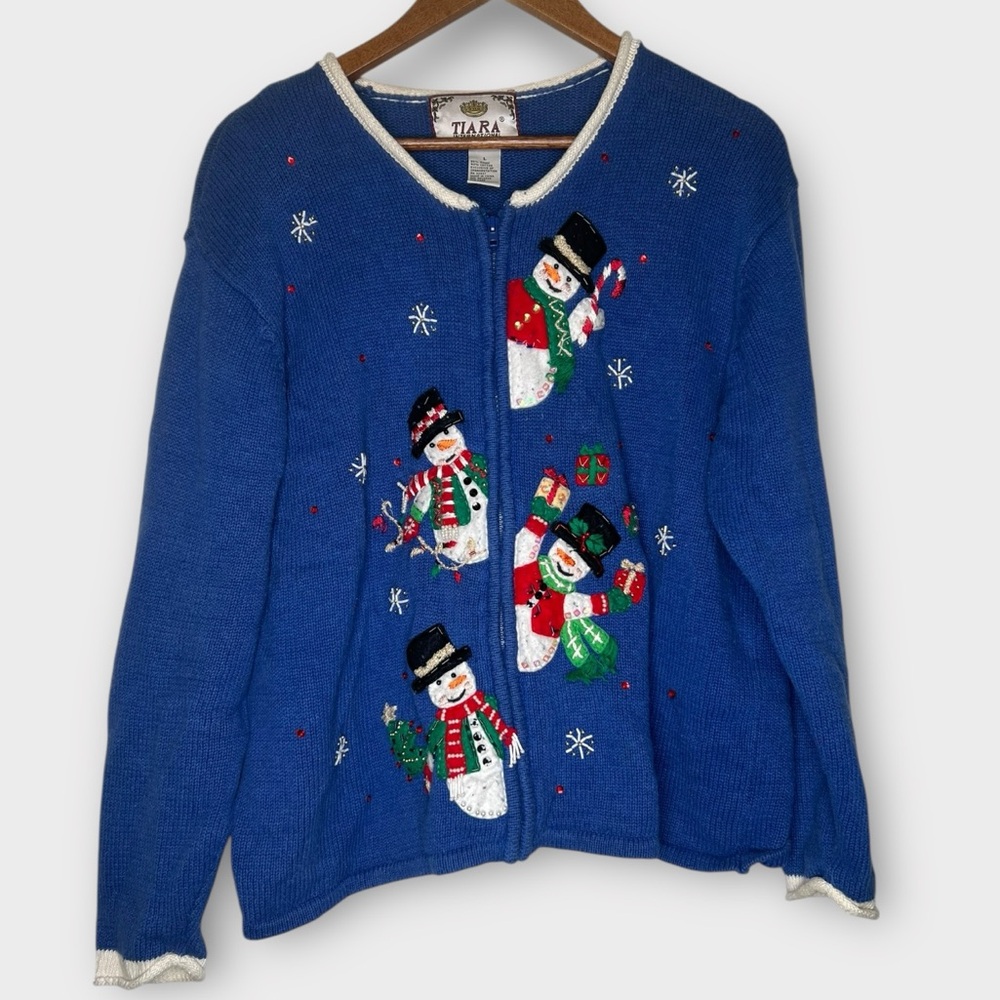 Vintage Tiara Cardigan Snowman‎ Ugly Christmas Sweater Embroidered Beaded Large